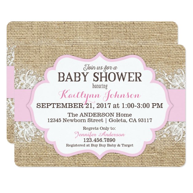 Rustic Burlap Modern Lace Pink Girl Baby Shower Invitation