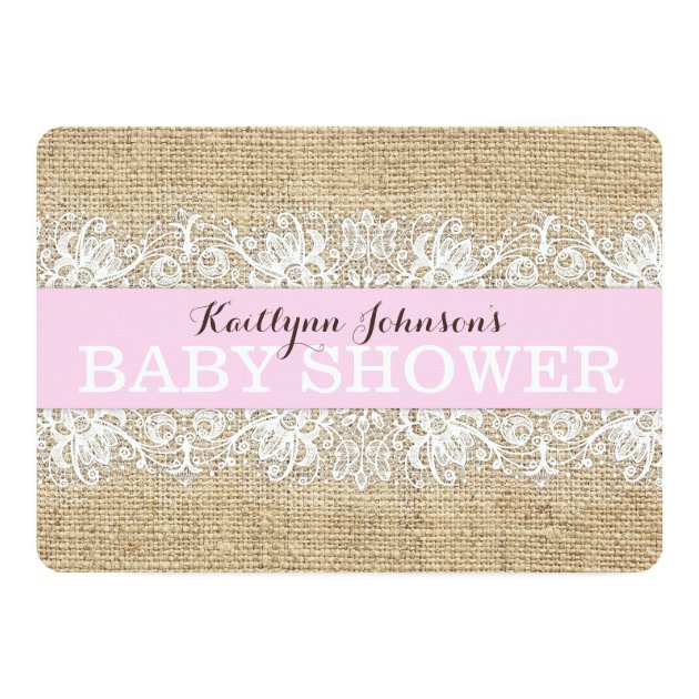 Rustic Burlap Modern Lace Pink Girl Baby Shower Invitation