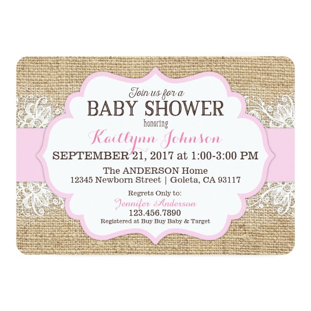 Rustic Burlap Modern Lace Pink Girl Baby Shower Invitation