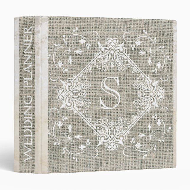 Rustic Burlap Monogram Floral Ornamental Marble Binder (Front/Spine)