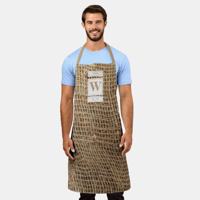 Rustic Burlap Monogram Initial  Apron (Worn)