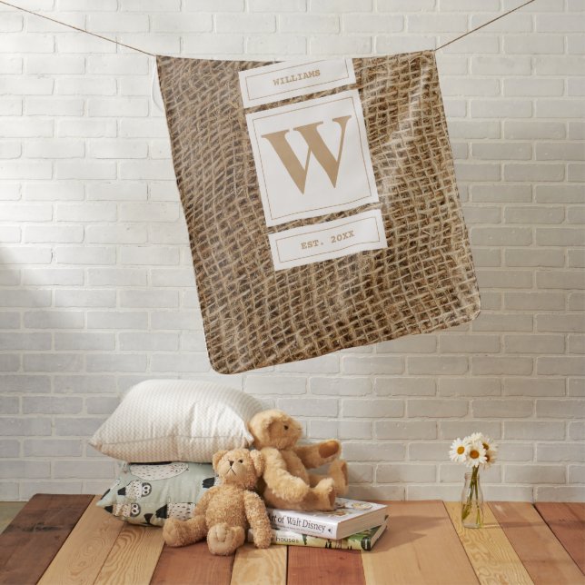 Rustic Burlap Monogram Initial  Baby Blanket (In Situ)
