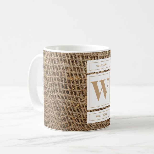 Rustic Burlap Monogram Initial  Coffee Mug (Front Left)