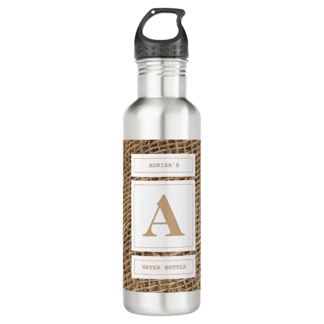 Rustic Burlap Monogram Initial Stainless Steel Water Bottle (Front)