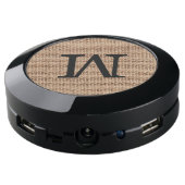 Rustic Burlap Monogram Initial USB Charging Station (Angled Back)