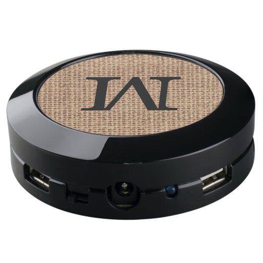 Rustic Burlap Monogram Initial USB Charging Station (Angled Back)