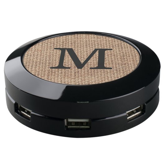 Rustic Burlap Monogram Initial USB Charging Station (Angled)
