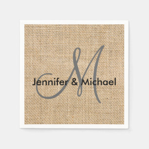 Rustic Burlap Monogram Wedding Bride Groom Names Paper Napkins