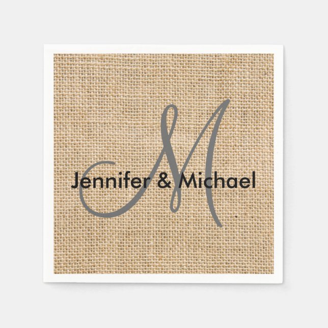 Rustic Burlap Monogram Wedding Bride Groom Names Paper Napkins (Front)
