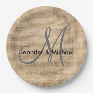 Rustic Burlap Monogram Wedding Bride Groom Names Paper Plates