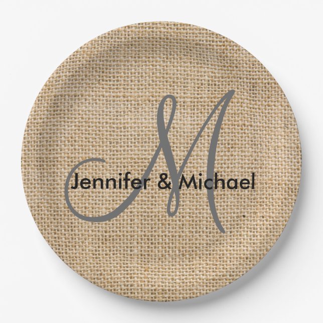 Rustic Burlap Monogram Wedding Bride Groom Names Paper Plates (Front)