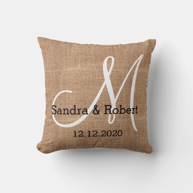 Rustic Burlap Monogram Wedding Keepsake Throw Pillow (Front)