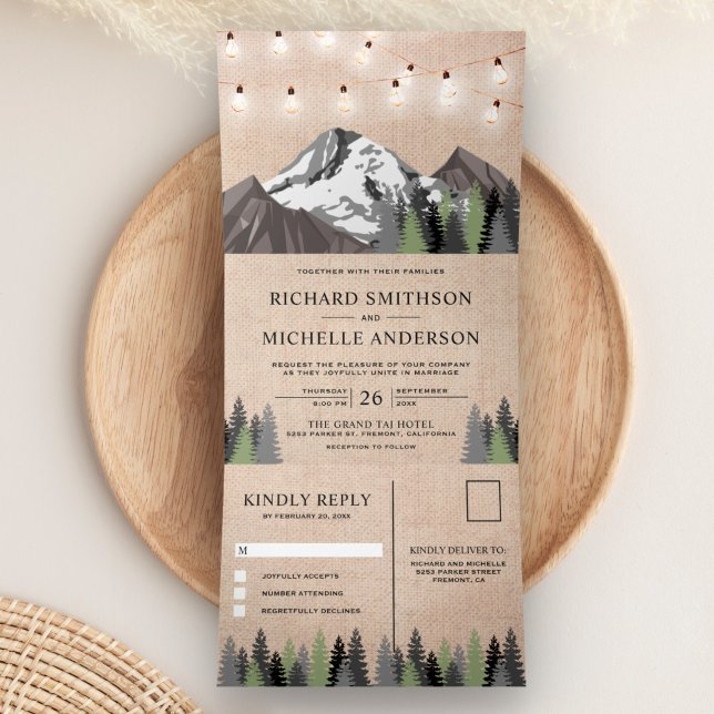 Rustic Burlap Mountain Forest String Light Wedding Tri-Fold Invitation (Creator Uploaded)