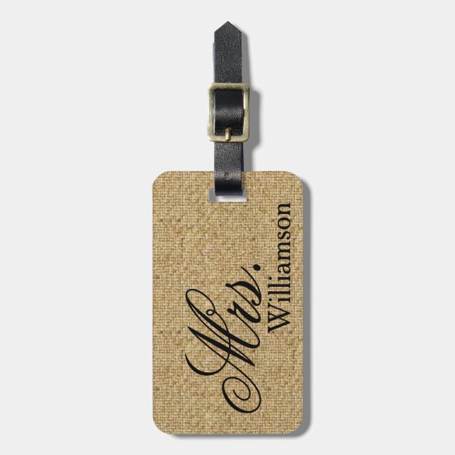 Rustic Burlap Mrs Travel Luggage Tag Newly Weds (Front Vertical)