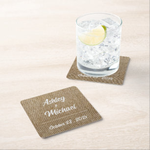 Rustic Burlap Nature Pattern Wedding Custom Square Paper Coaster