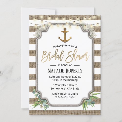Rustic Burlap Nautical Gold Anchor Bridal Shower Invitation