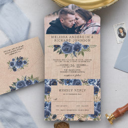Rustic Burlap Navy Blue Floral Photo Wedding All In One Invitation