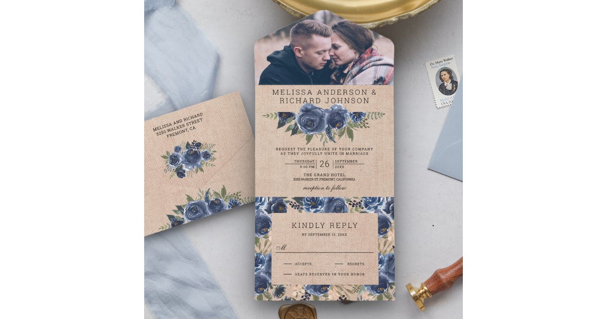 Rustic Burlap Navy Blue Floral Photo Wedding All In One Invitation | Zazzle