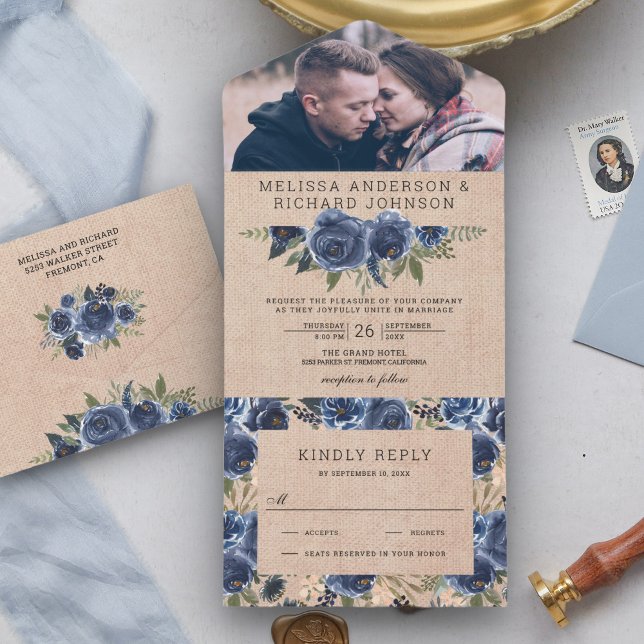 Rustic Burlap Navy Blue Floral Photo Wedding All In One Invitation (Creator Uploaded)