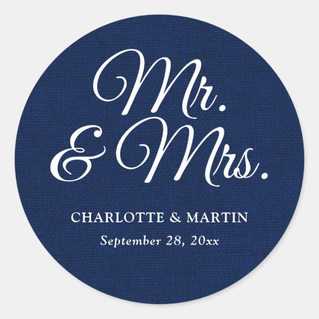 Rustic Burlap Navy Blue Mr and Mrs Wedding Classic Round Sticker (Front)