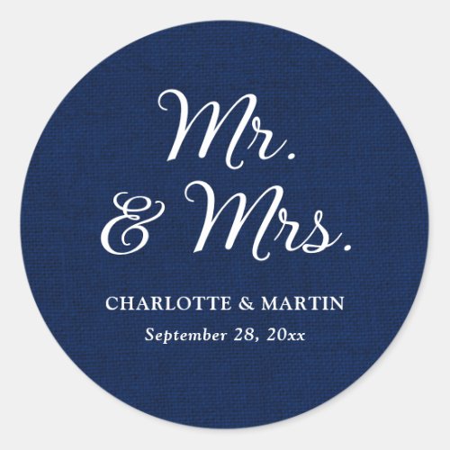 Rustic Burlap Navy Blue Mr and Mrs Wedding Classic Round Sticker