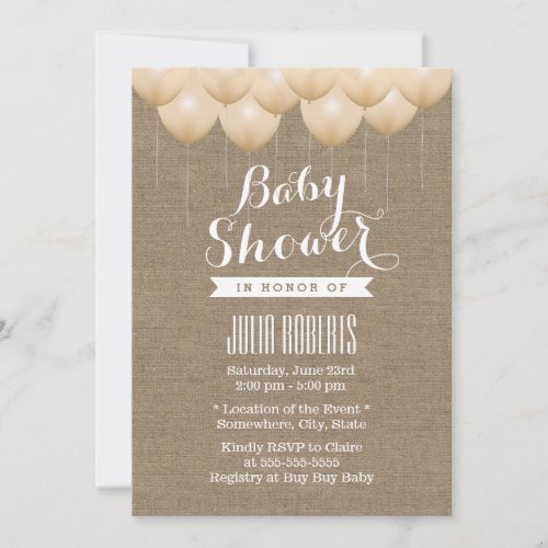 Rustic Burlap &amp; Neutral Balloons Baby Shower 5x7 Paper Invitation Card