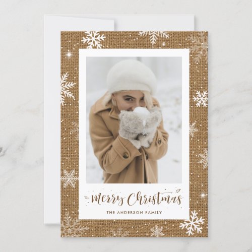 Rustic Burlap One Photo Christmas Cards