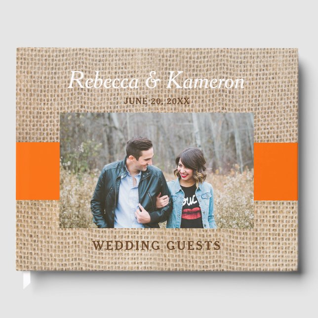 Rustic Burlap Orange Photo Wedding Guest Book (Front)