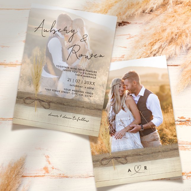 Rustic Burlap Pampass Grass Eco Boho Photo Wedding Invitation (Creator Uploaded)