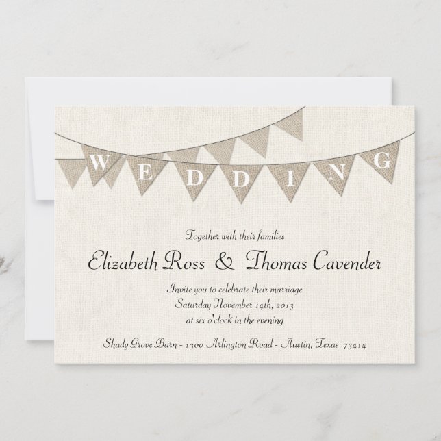 Rustic Burlap Pennant Wedding Invitation (Front)