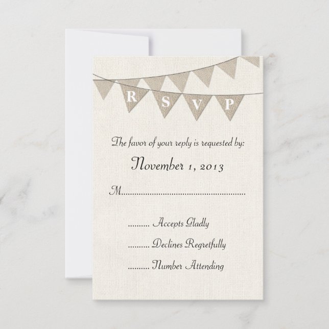 Rustic Burlap Pennant Wedding RSVP Card (Front)