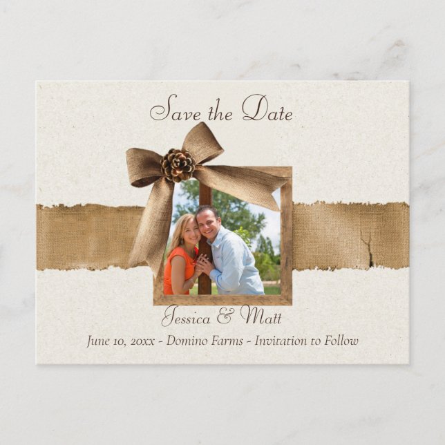 Rustic Burlap Photo Save the Date Postcard (Front)