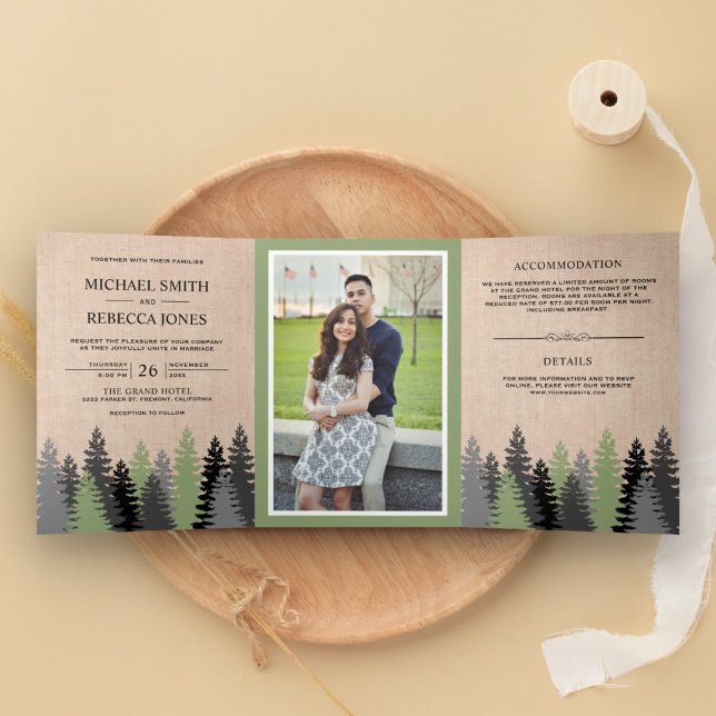 Rustic Burlap Pine Trees Photo Forest Wedding Tri-Fold Invitation (Creator Uploaded)