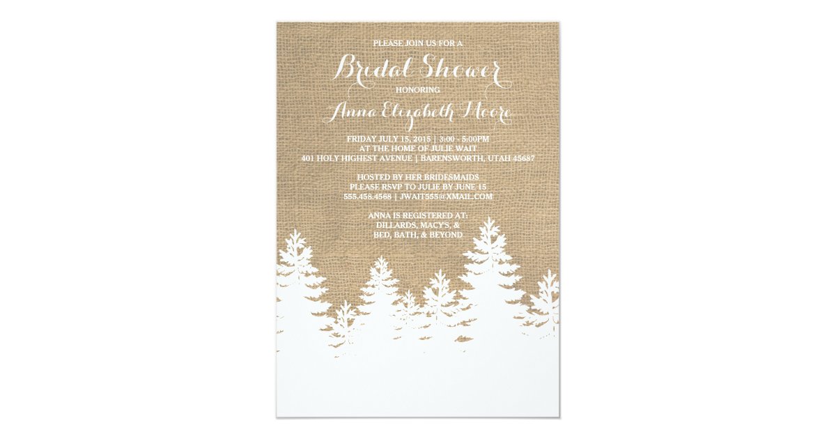 Rustic Burlap Pine Trees Winter Bridal Shower Invitation Zazzle Com