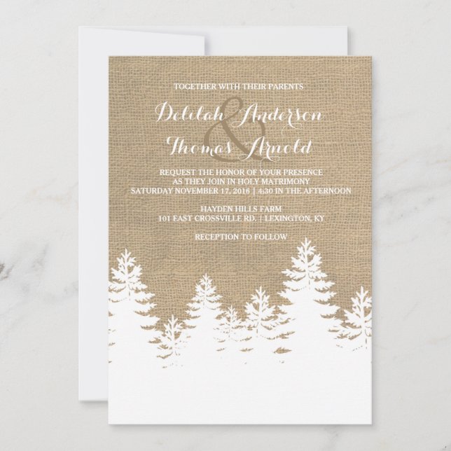 Rustic Burlap Pine Trees Winter Wedding Invitation (Front)