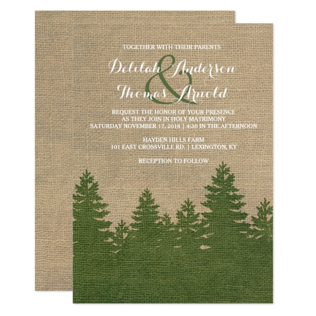 Rustic Burlap Pine Trees Winter Wedding Invitation
