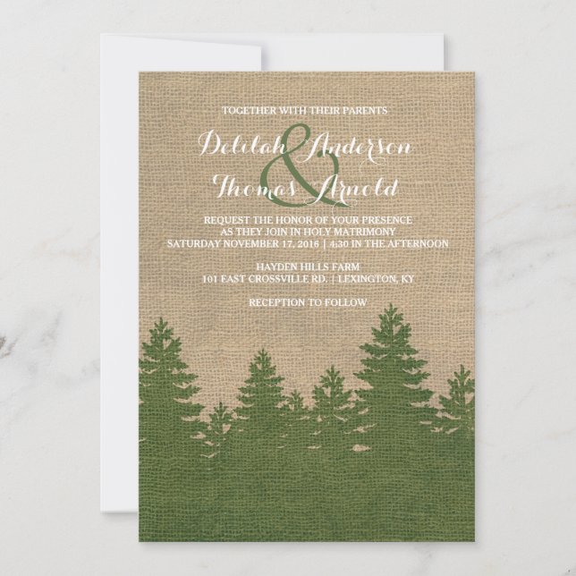 Rustic Burlap Pine Trees Winter Wedding Invitation (Front)