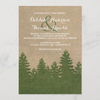 Rustic Burlap Pine Trees Winter Wedding Invitation by ModernMatrimony at Zazzle