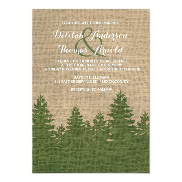 Rustic Burlap Pine Trees Winter Wedding Invitation