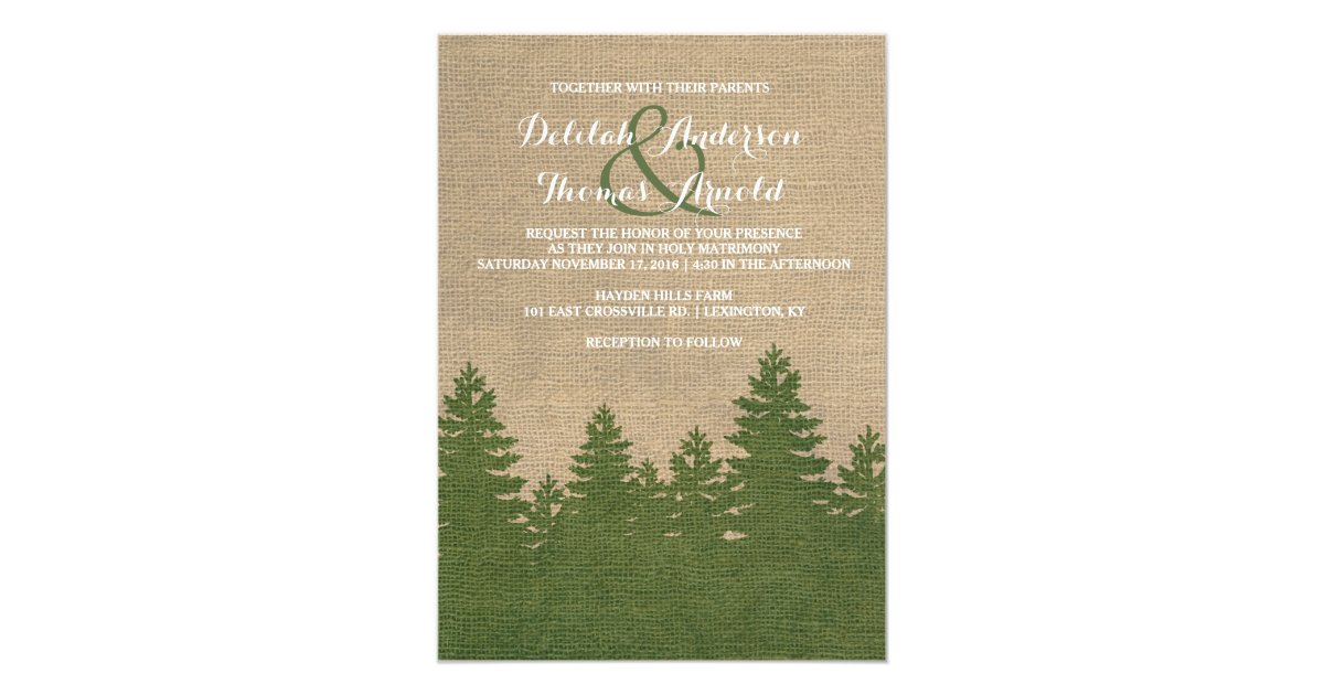 Rustic Burlap Pine Trees Winter Wedding Invitation Zazzle Com