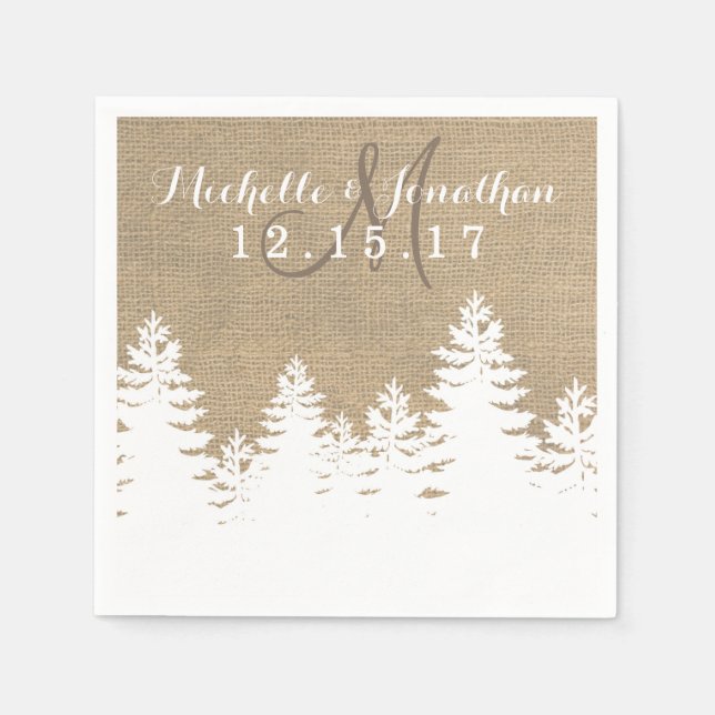 Rustic Burlap Pine Trees Winter Wedding Napkin (Front)