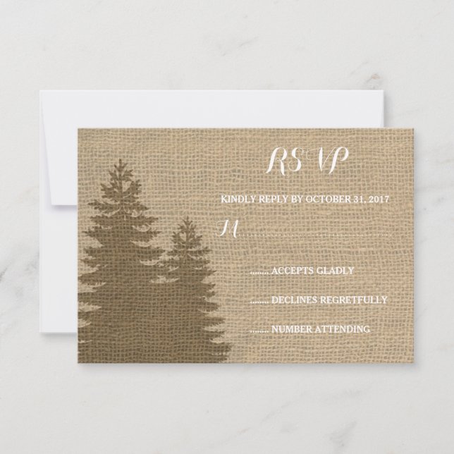Rustic Burlap Pine Trees Winter Wedding RSVP Card (Front)