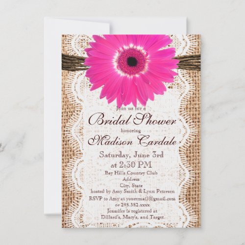 Rustic Burlap Pink Daisy Bridal Shower Invitations