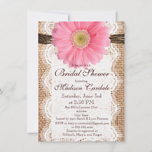 Rustic Burlap Pink Daisy Bridal Shower Invitations