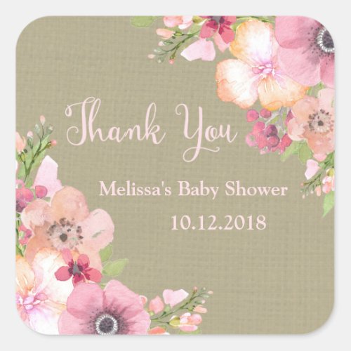 Rustic Burlap Pink Floral Baby Shower Thank You Square Sticker