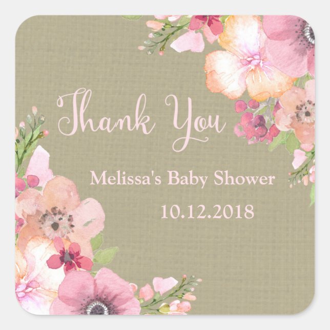 Rustic Burlap Pink Floral Baby Shower Thank You Square Sticker (Front)