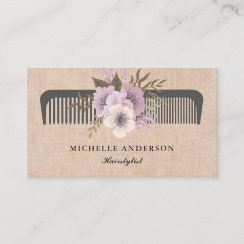 Rustic Burlap Pink Floral Comb Hairstylist Business Card