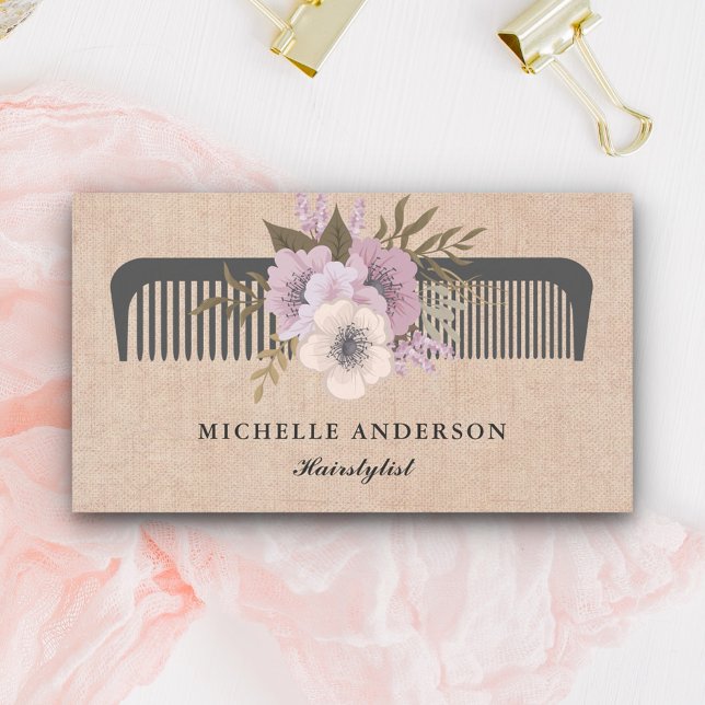 Rustic Burlap Pink Floral Comb Hairstylist Business Card (Creator Uploaded)