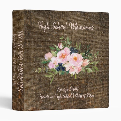 Rustic Burlap Pink Floral High School Memories 3 Ring Binder