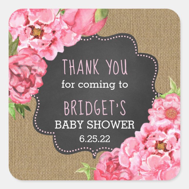Rustic burlap pink peonies thank you favor sticker (Front)